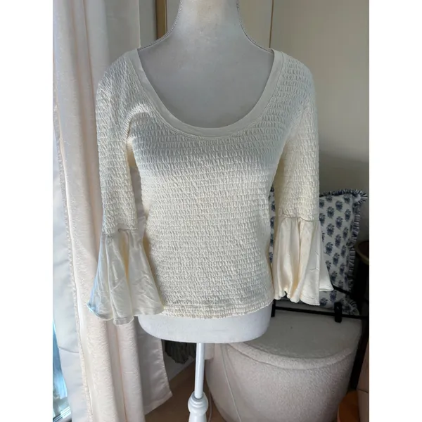 Anthropologie Smocked Bell-Sleeve Top White Size small - Image 2