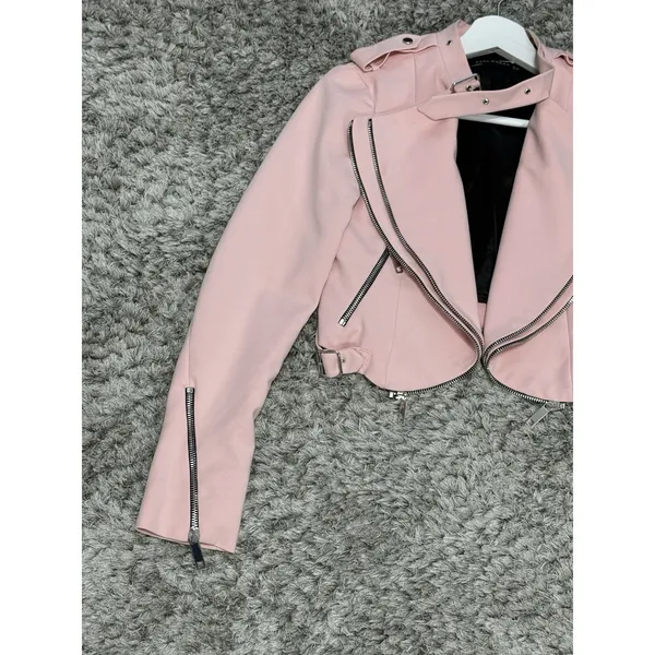Zara Women’s Pink Cropped Moto Jacket Asymmetric Zip Biker Jacket Size XS - Image 3