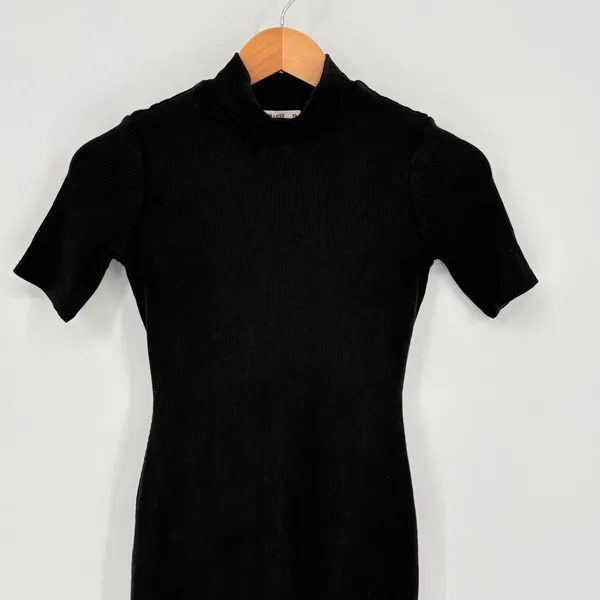 Marine‎ Layer Lexi Rib Mock Neck Midi Dress Womens XS Black Short Sleeve Slit - Image 9