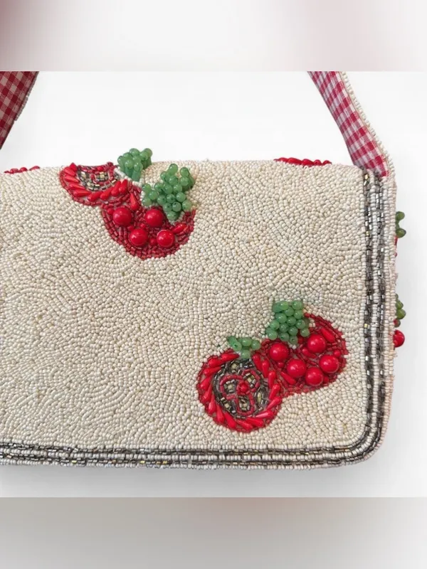 Beaded Cherry Shoulder Bag in Cream and Red - Image 6