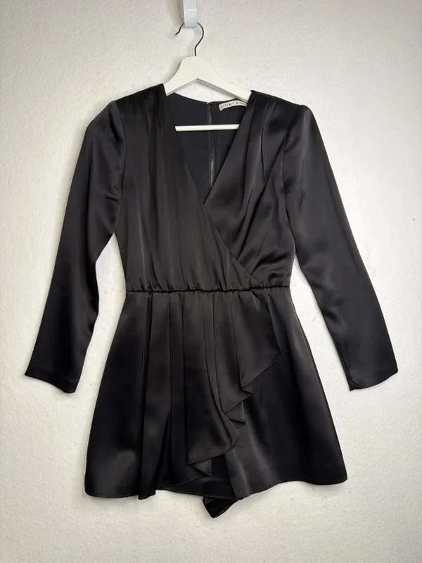 Alice + Olivia Demo Long Sleeve Satin Romper with Ruffle Detail - Image 3