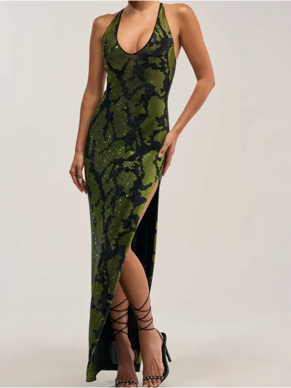 AKIRA Snakeskin Print sparkle gem luxury evening gown skit dress Medium - Image 3