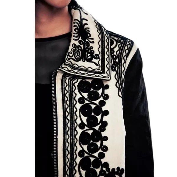 Free People Stitched Quills Embroidered Jacket Cream Black Boho Western Small - Image 14