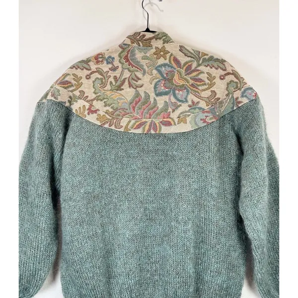 VINTAGE Woof Womens Cardigan Green Floral Folk Tapestry Wool Sweater 90s Large - Image 10
