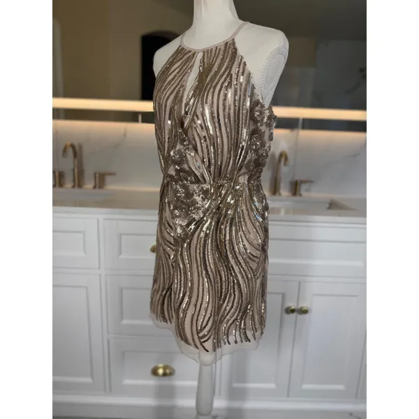 Sugar + Lip2 Sequin Mini Dress S Gold Champagne Cold Shoulder Keyhole Cocktail - Image 6