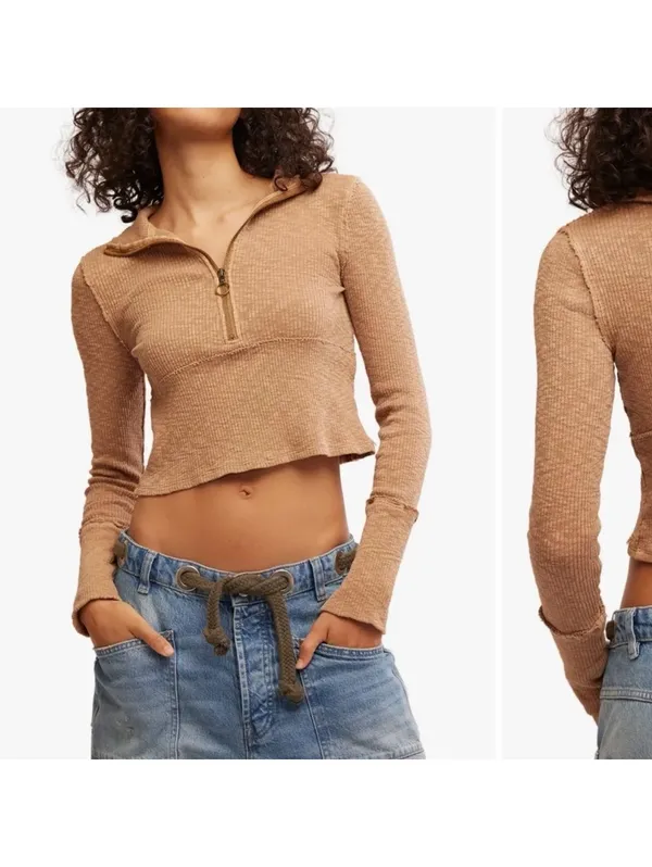 Free People We The Free Indie Cotton Midnight Half Zip Cropped Sweater size xs - Image 2