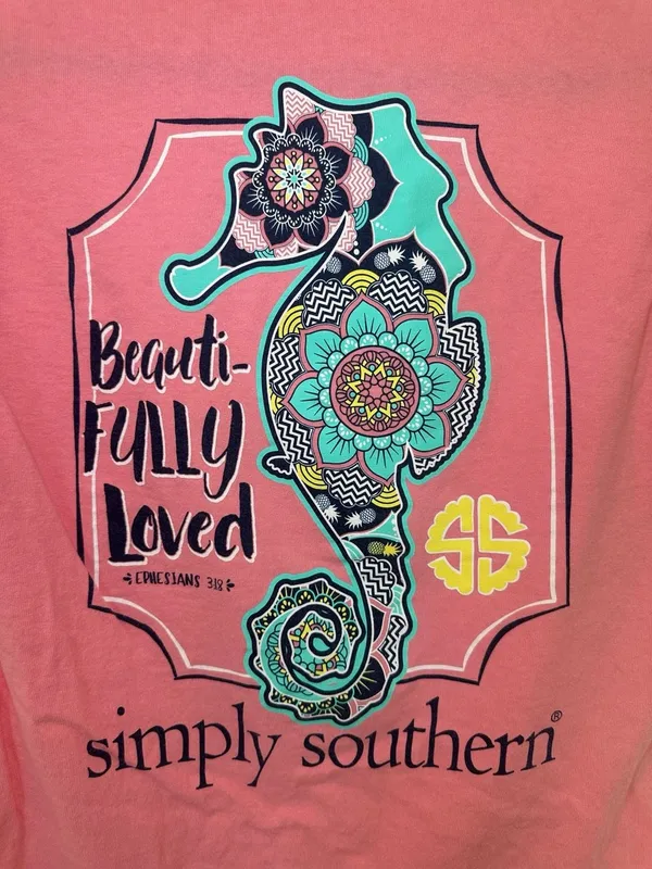 100% Cotton Simply Southern Beautifully Loved Seahorse Size Small Pink Graphic T - Image 2