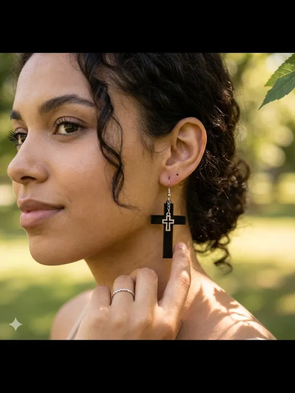Unique design double‎ layer black cross light weight plastic dangle earrings - Image 13