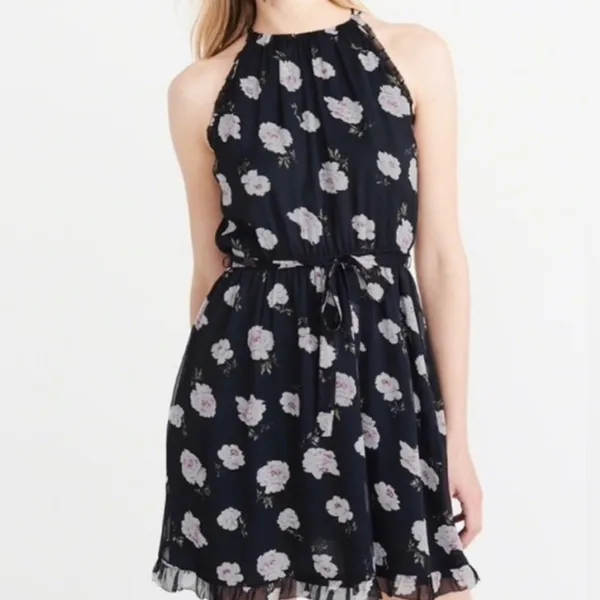 Abercrombie Fitch Dress Womens small Blue Floral Print Fit & Flare Ruffled Hem - Image 4