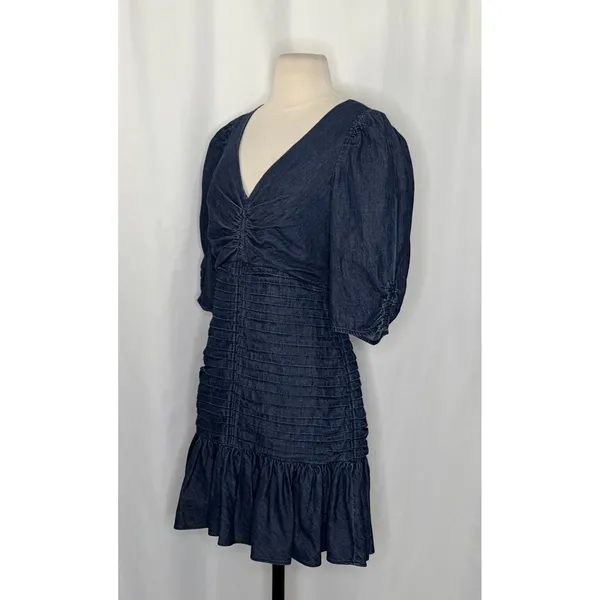 TANYA TAYLOR Pansy Dress Blue‎ Denim Pleated Mini Puffed Sleeves Flirty Size 6 - Image 5