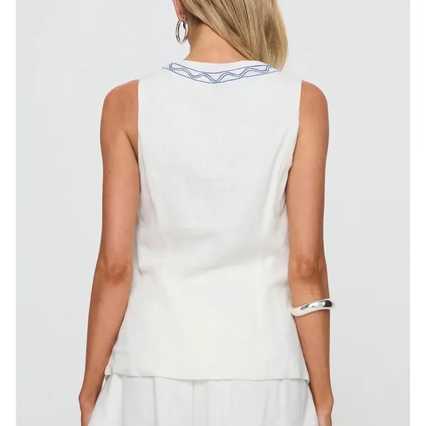 Princess Polly Sun And Palm Trees Vest Top‎ White Blue Linen Blend Embroidered 4 - Image 3