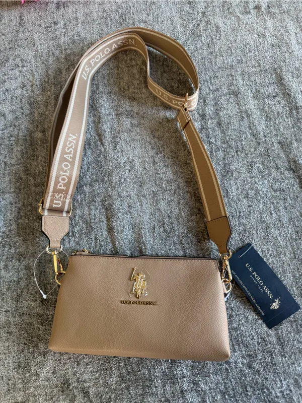 U.S. Polo Assn. Taupe Pebbled Leather Crossbody with Branded Web Strap - Image 2