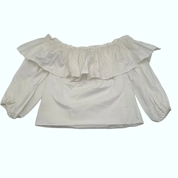 Alexis Off Shoulder Ruffle Cotton Poplin Blouse White Cropped Top XS - Image 3