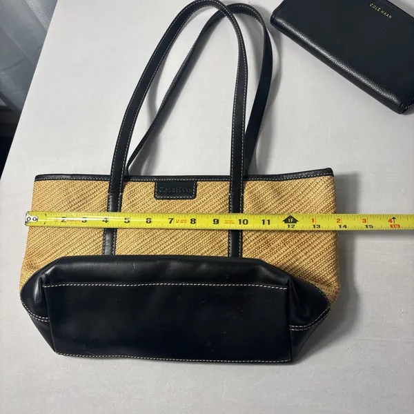 Cole Haan Purse &‎ Wallet Woven Straw Black Faux Leather Shoulder Floral Accents - Image 8