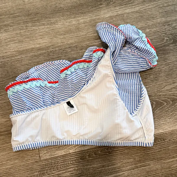 J. Crew seersucker one shoulder ruffle bikini set high waisted blue white Medium - Image 11