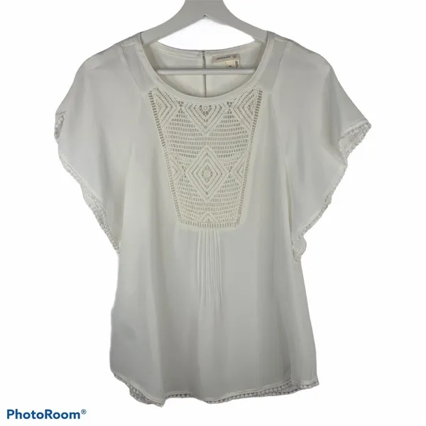 Anthropologie Meadow Rue XS Top Sheer Lace Blouse Short Sleeve Oversized Preppy - Image 2