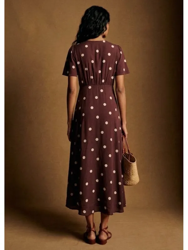 NWT Sezane Solia in Chocolate Ecru Polka Dot Silk Maxi Shirt Dress 38 / US 6 - Image 3