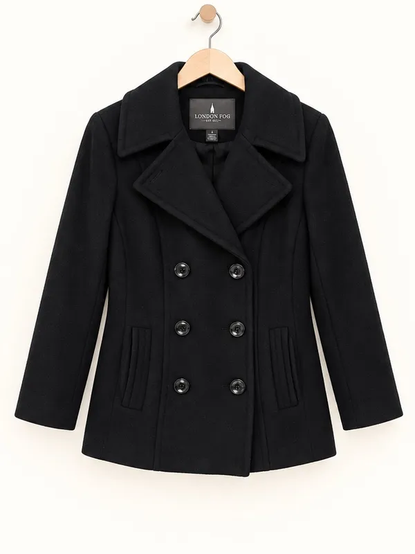 London Fog Black Double Breasted Wool Blend Longline Minimalist Pea Coat Small - Image 4