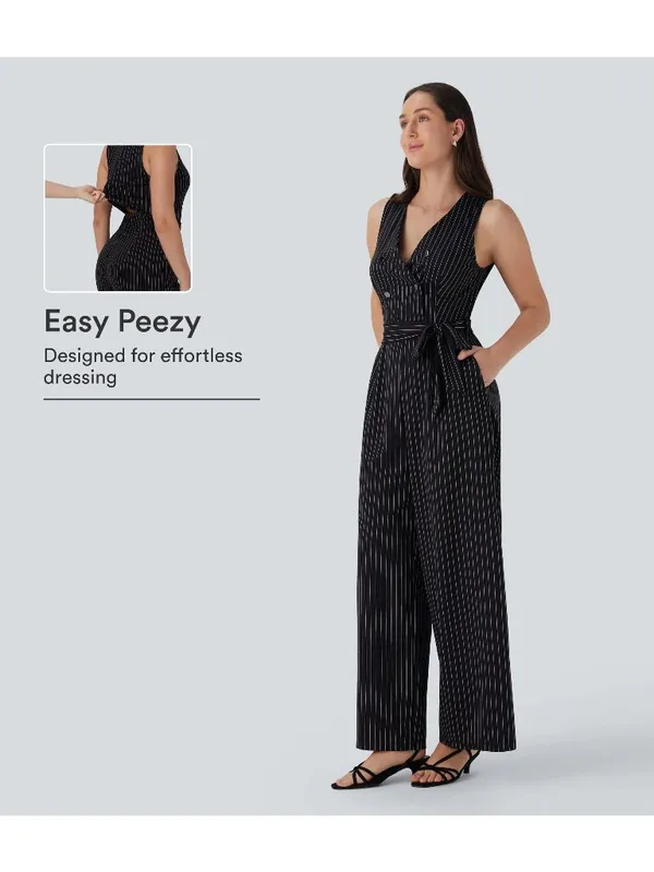 Halara V Neck Belted Stripe InstantCool Jumpsuit Pockets-Easy Peezy Black M - Image 2