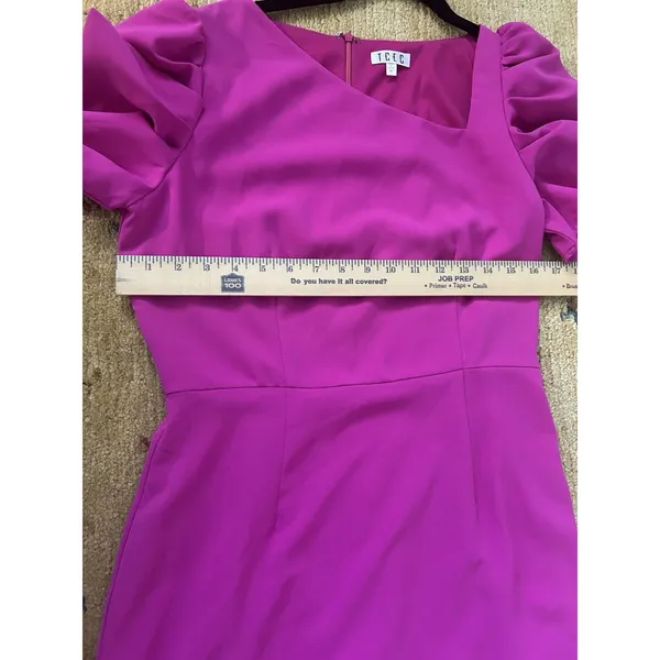 TCEC Pink Mini Dress Size M Asymmetrical Neckline Puff Sleeves Preppy Career - Image 7