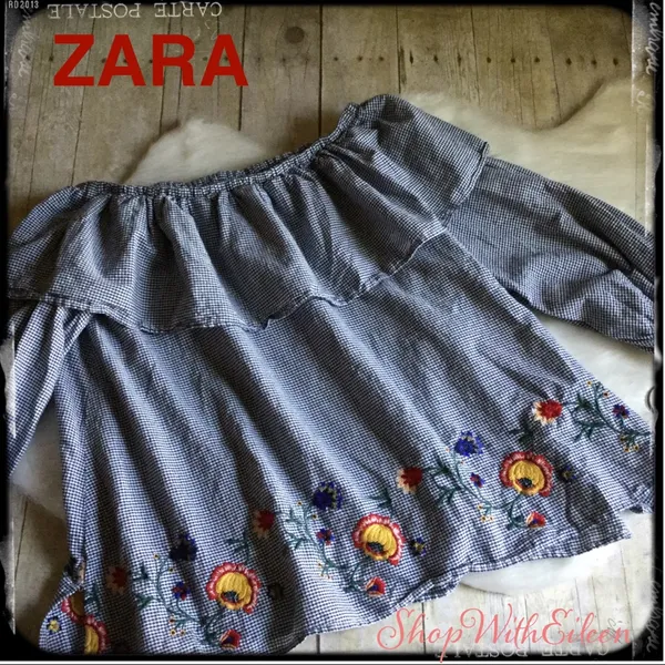ZARA Gingham Embroidered Off The Shoulder top - Image 2