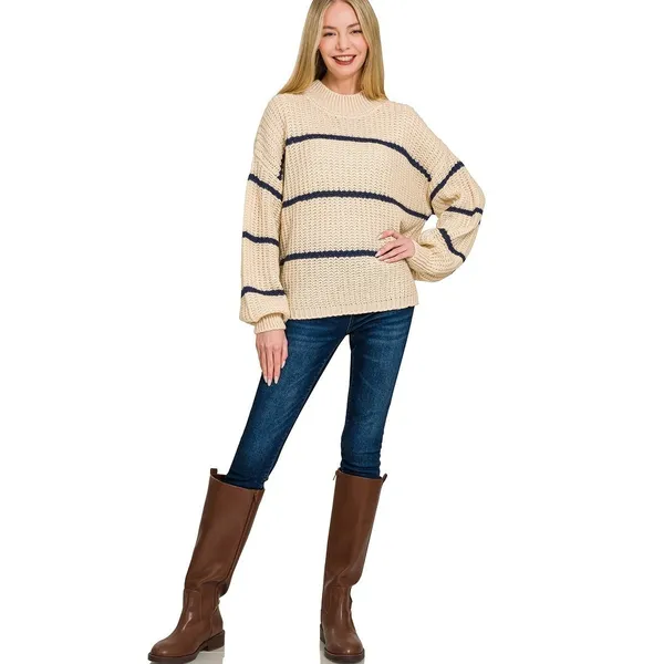 Zenana Oversize Striped Sweater - Taupe - Medium - Image 4