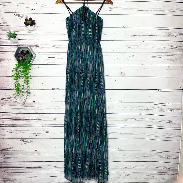 Gianni Bini Green & Blue Rhinestone Embellished Halter Top Maxi Dress Size 0 XS - Image 3