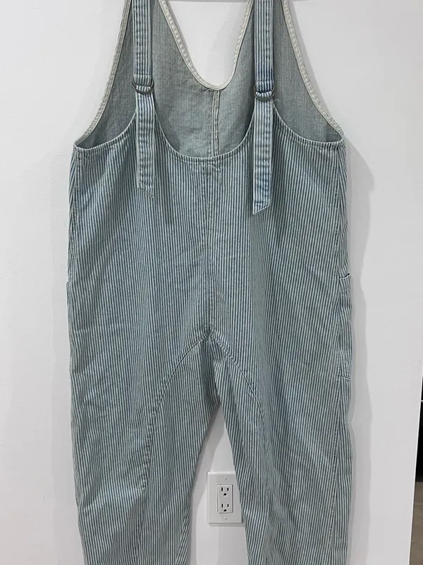 Free People Striped Denim Overalls XL Railroad Utility Workwear Baggy - Image 5