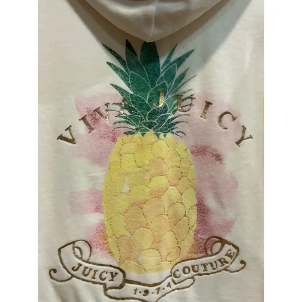 Juicy Couture‎ Y2K Cream Velour Zip Hoodie Pineapple Graphic Gold J Zip Medium - Image 3