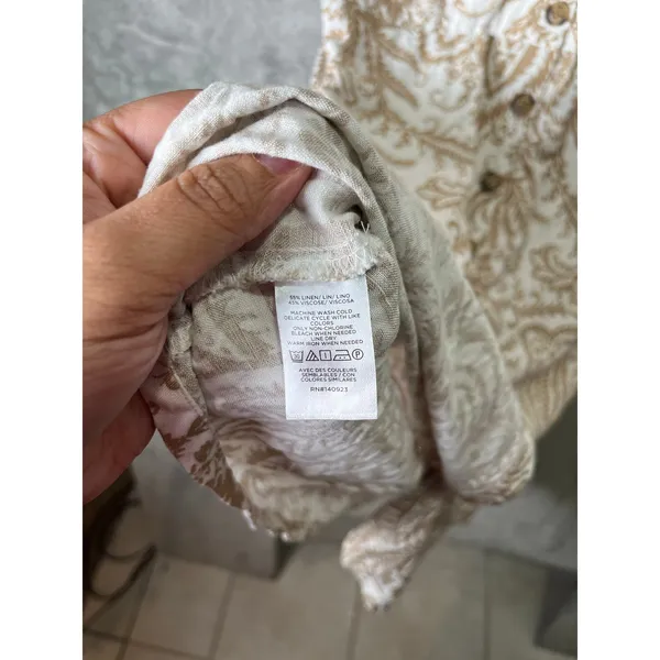 LOFT Linen Blend Beige Paisley Button Front Dress V Neck Summer Cottagecore 8‎ - Image 4