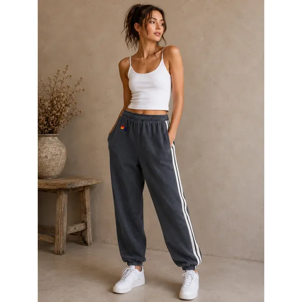 Aviator Nation Women Sweatpants S Charcoal Grey 5-Stripe Logo Joggers - Image 2