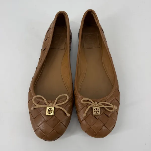 Tory‎ Burch Carlyle Woven Leather Ballet Flats Brown Bow Logo Women's 7M - Image 2