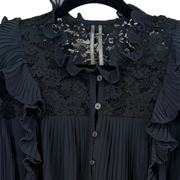 Anthropologie Pleated Ruffled Sheer Lace Blouse‎ Top Black Size LP Whimsigoth - Image 6