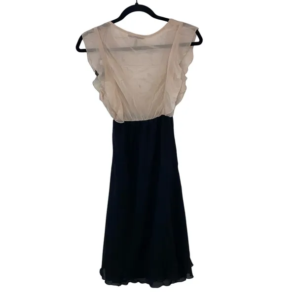 NWT ANM Colorblock Dress Small Black Beige Chiffon V-Neck‎ Ruffle Sleeve Midi - Image 3