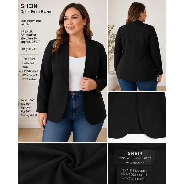SHEIN Black Open Front Blazer Stretch Scalloped Hem Jacket - Image 4