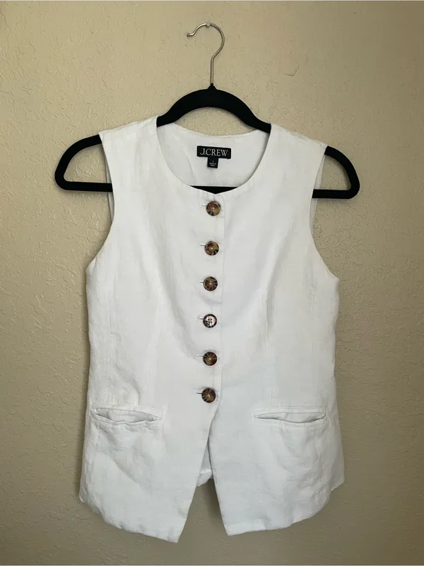 J. Crew Cutaway Vest Top Linen Size 2 White Quiet Luxury Sophisticated - Image 3