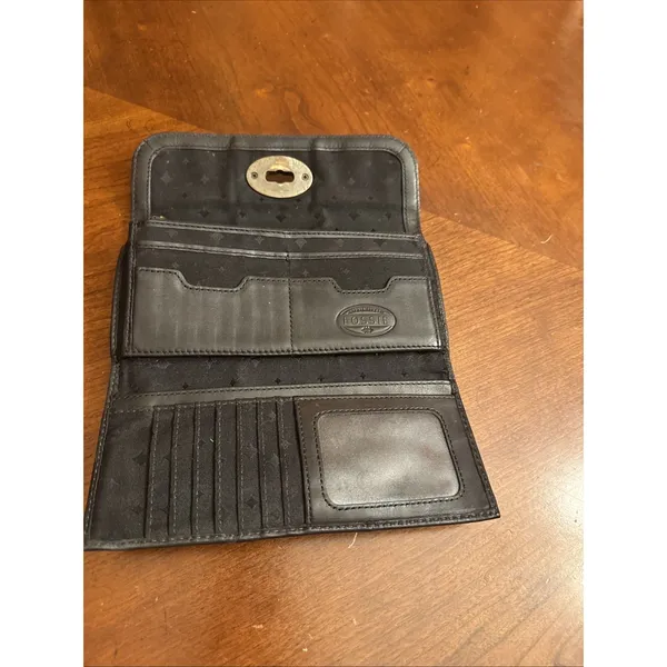 Fossil Authentic Black Genuine Leather Bifold Wallet Classic Natural W Turn Lock - Image 7
