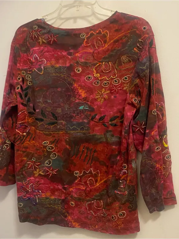 Chico’s Chicos Womens Size 1 L 42” Top Blouse Shirt Red Marble Embroidered Boho - Image 7
