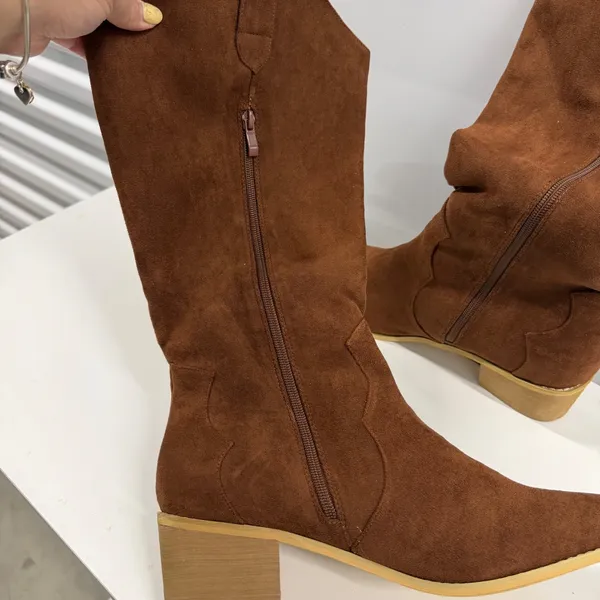 Brown Faux Suede Western Cowboy Boots Pointed Toe Side Zip Block Heel Size 44-12 - Image 3