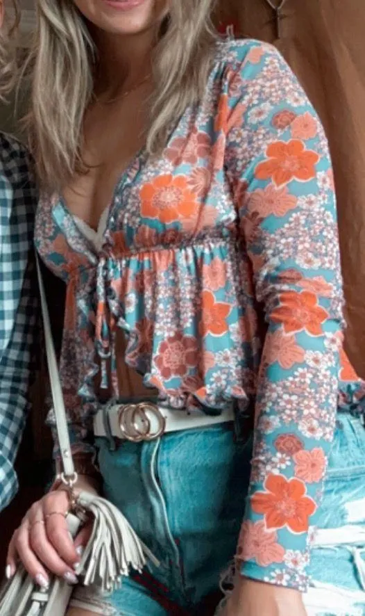 Buckle Floral Blue and Orange Women's Top - Image 2