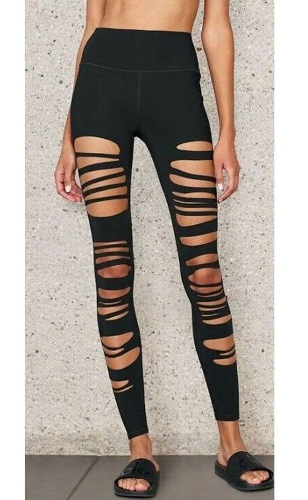 Alo High-Waist Extreme Ripped Warrior Leggings Black Edgy Hi-Rise Destroyed Pant - Image 4