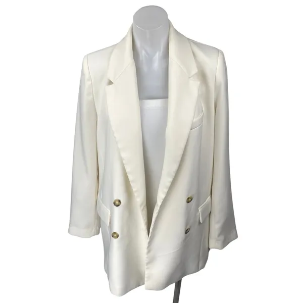 Zara Women's White Double Breasted Notch Collar Long Sleeve Blazer Coat Jacket M - Image 3