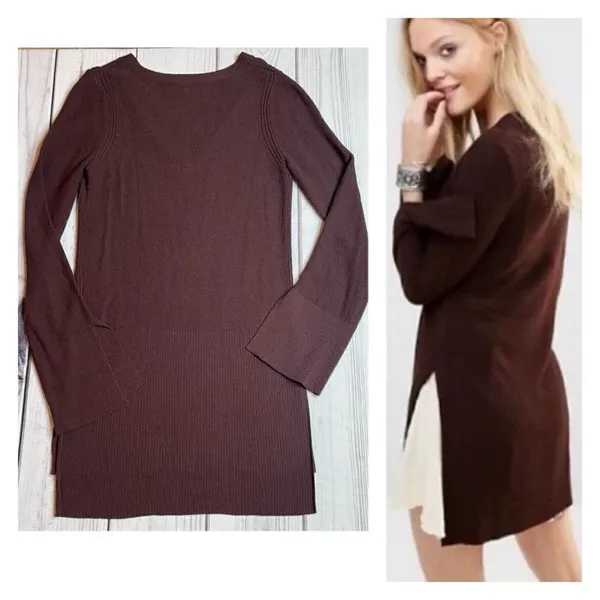 Free People Criss Cross Sweater Tunic Top‎ Split Hem Bell Sleeve Wine Size Small - Image 2