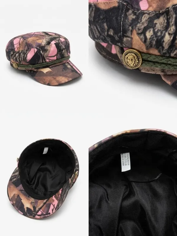 NWT Pink Camo Fiddler Baker Boy Hat | Gold Lion Crest Button Detail Cap - Image 2