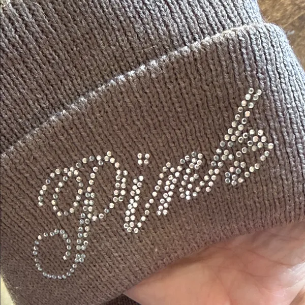 VS PINK Taupe Knit Beanie Sparke Embellished Logo - Image 5