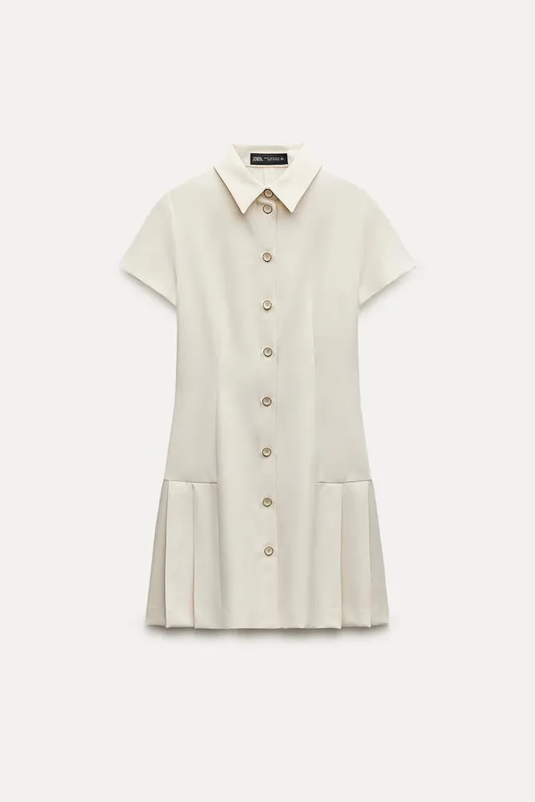 Zara mini dress pleated skirt collar button up ivory casual classic old money - Image 12