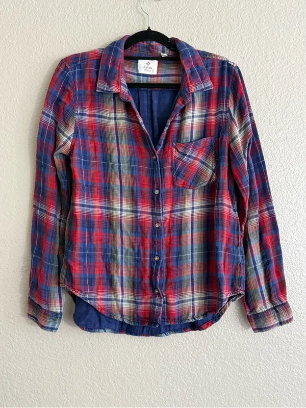 Dylan Medium Red Blue Plaid Flannel Button Down Shirt Western Fall Layering Top - Image 3