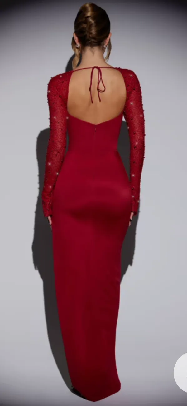 Oh Polly Red dress with slit and sleeves - Image 2