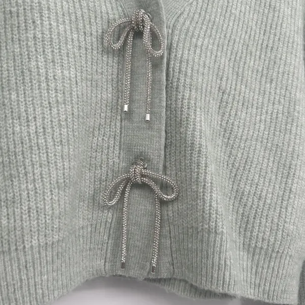 H&M Womens‎ Sage Icy Green Rhinestone Bow Cropped Coquette Cardigan Sweater XS - Image 3