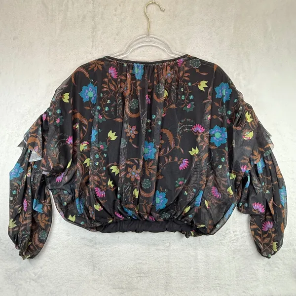 Free People Floral Blouse Sheer Ruffle Long Sleeve Top‎ Black XS - Image 9